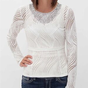 BKE Buckle Peplum Rhinestone Embellished Top Cream Size